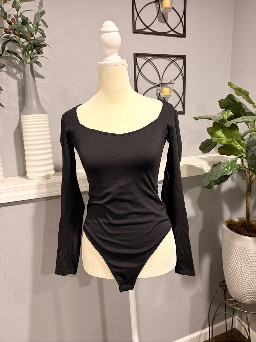 Amazon Black Long Sleeve Scoop Neck Bodysuit